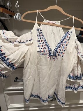 Parker White Cold-Shoulder Top with Blue and Red Embroidery